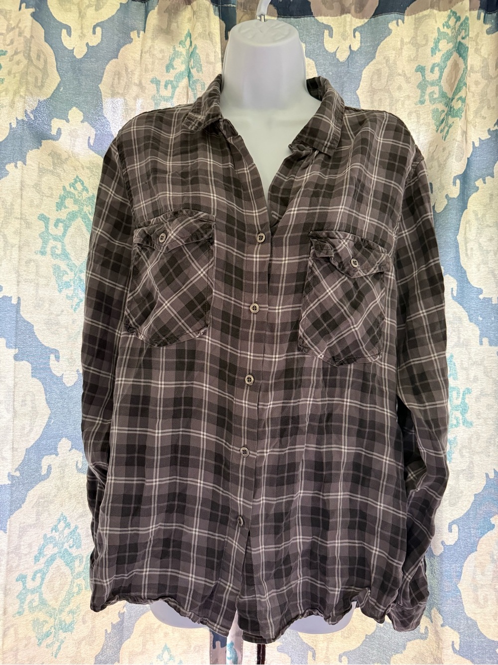 Billy T Black Grey Plaid Lace Up Back Soft Lyocell Top L